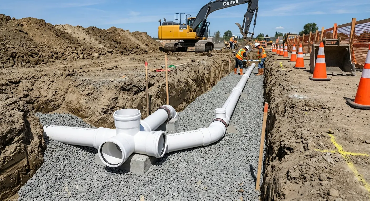 New PVC sewer pipe installation in open trench for Grease Trap Cleaning in Sonterra