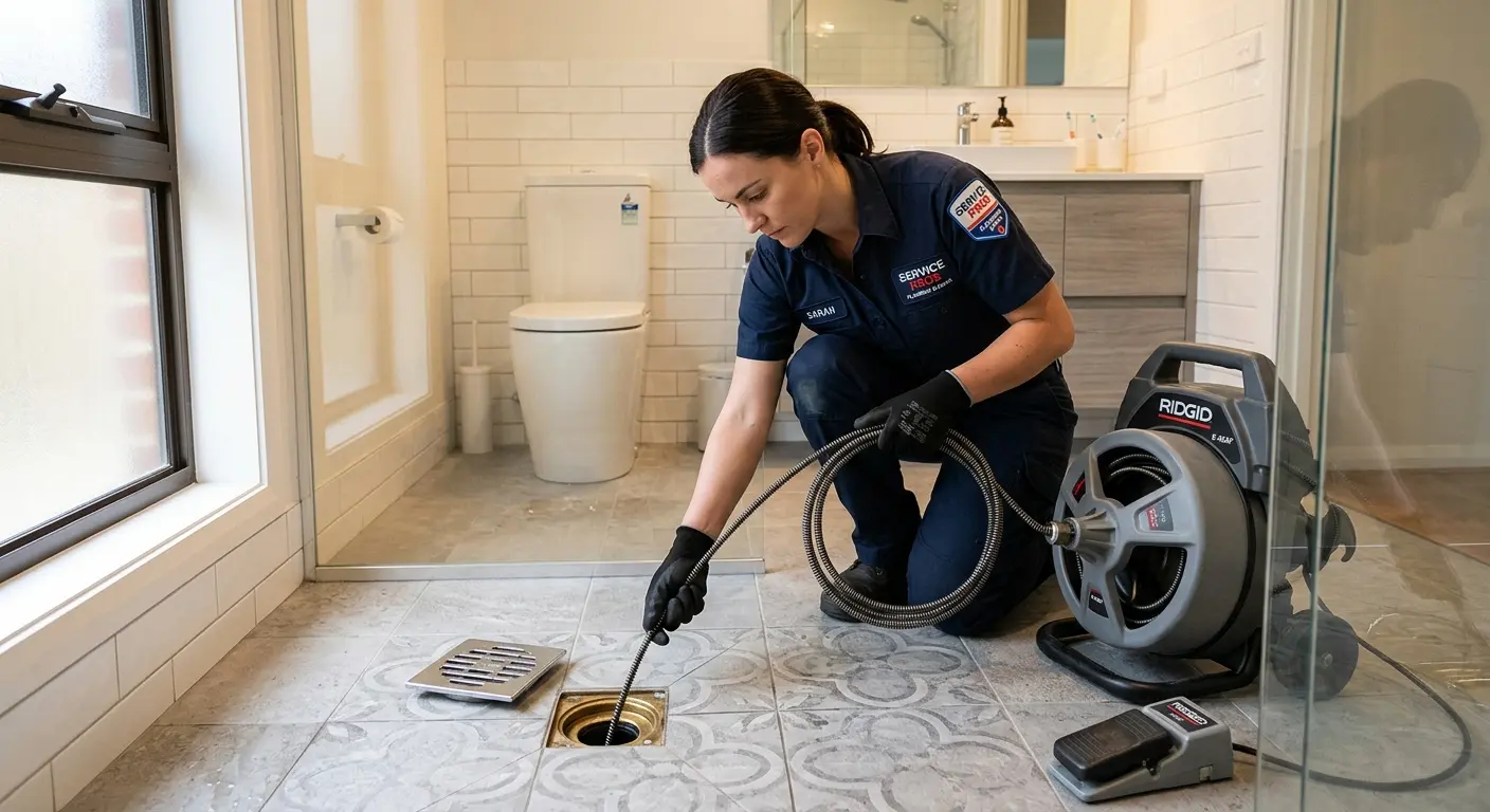 Technician clearing a bathroom floor drain for Drain Repair in Sonterra